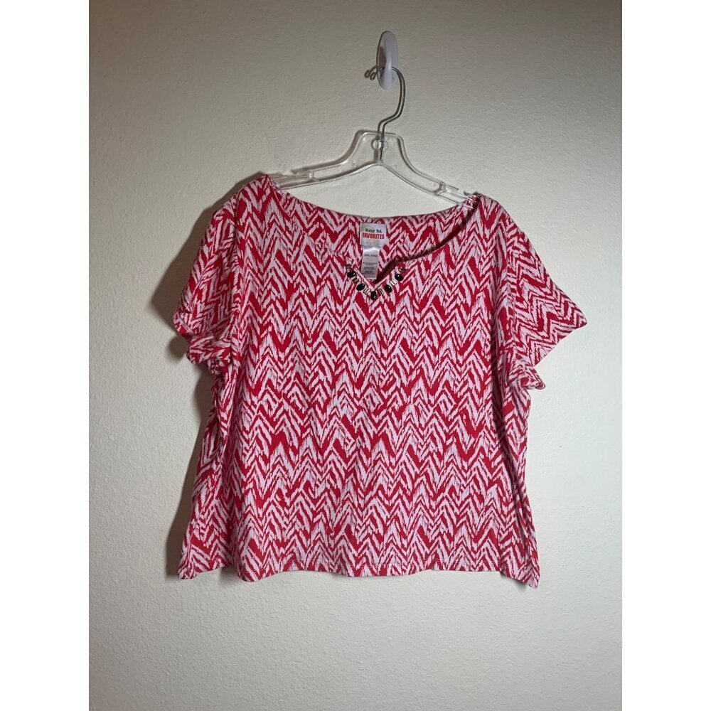 Ruby Rd. Favorites Embellished Cotton T-Shirt Women's Size XXL Red Tribal Granny